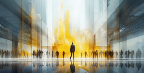 Abstract Business People Walking in Sunlit City - obrazy, fototapety, plakaty