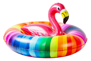 Colorful inflatable flamingo pool float for summertime fun in the water on transparent background - stock png.