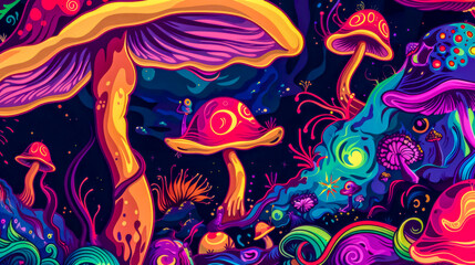 Vibrant psychedelic mushroom fantasy illustration