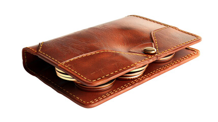 Classic Brown Leather Wallet Filled With Coins - Transparent background, Cut out - obrazy, fototapety, plakaty