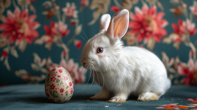 A cute bunny rabbit with a colorful easter egg in the front in a vintage background with flowers. Can be used as a postcard image, or poster to celebrate Easter Day. 