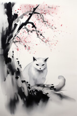White Cat Under Cherry Blossom