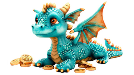 Blue Dragon Figurine Atop Pile of Coins - Transparent background, Cut out