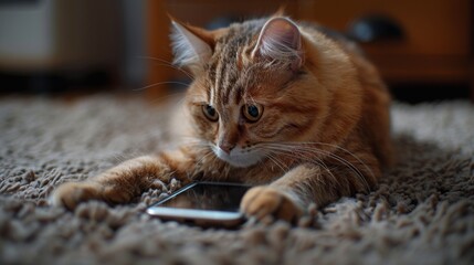 Cute Tabby cat playing with smartphone. Funny, furry, cute, playful. Smartphone, cellphone, mobile phone.