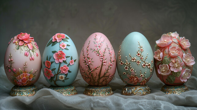Colourful ceramic easter eggs in a vintage background with asian style flower curves and patterns on them. Can be use as celebration postcard image, book cover and blog image