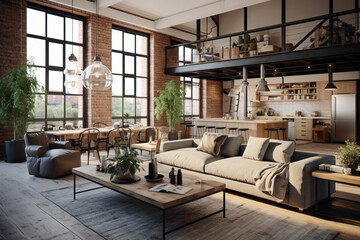 Inviting modern living space with a mix of Scandinavian and industrial elements, creating a unique ambiance.