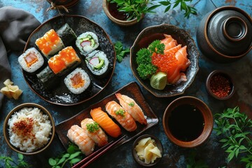 Sushi set on dark background. Sushi rolls with salmon, tuna, eel, caviar, cream cheese, cucumber, ginger, wasabi, soy sauce. Japanese food. Top view