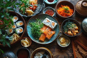 Sushi set on rustic wooden table. Japanese food background. Japanese Cuisine Concept with Copy Space. Oriental Cuisine.