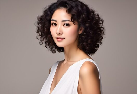 asian woman with medium curly hair and white dress posing for a picture