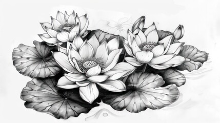 Water lotus flower. Tattoo sketch drawing. Japanese style