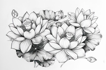Water lotus flower. Tattoo sketch drawing. Japanese style