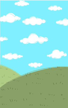 Green grass field wallpaper with blue sky and clouds as a background for story books