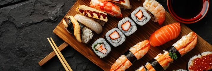 sushi set on black background, panoramic shot, copy space. Japanese Cuisine Concept with Copy Space. Oriental Cuisine Concept.