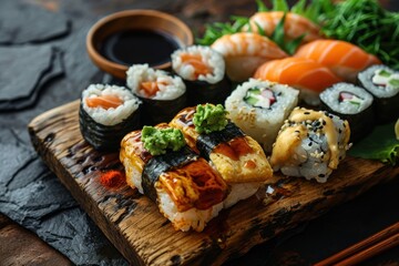 Sushi set on a rustic wooden board with soy sauce and chopsticks. Japanese Cuisine Concept with Copy Space. Oriental Cuisine Concept.