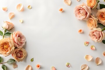 Blooming peach color roses with petals scattered on a white table background with empty space