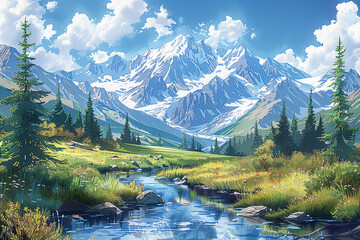 Pristine mountain landscape with a flowing stream and lush meadows