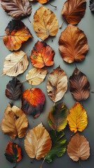 Collection of autumn leaves arranged on a dark background