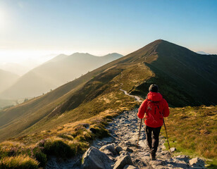 Obraz premium A solitary hiker in a red jacket ascends a rocky mountain path against a stunning backdrop of golden sunrise and misty mountain peaks.