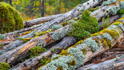 Fototapeta premium Abstract north nature scene with a composition of lichen, moss, and old snags.