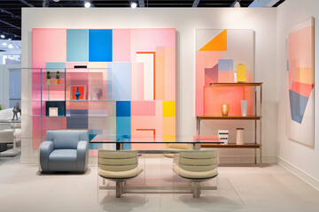 A contemporary office setup incorporating a minimalist aesthetic, highlighted by a mix of soft pastels and vibrant color blocks in the furniture.