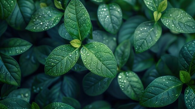 top view green leaves with water drop, refreshing and plant, Generative Ai