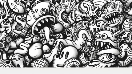 thin line art of doodling shapes , no shading, thin fine black lines white background