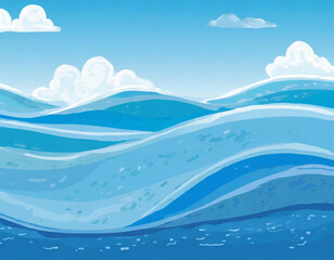blue sky background A set of water waves in different shapes and sizes, representing the sea and the ocean.