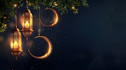 ramadan islamic greeting card of crescent moon decoration and lanterns with copy space area banner