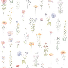 Fototapeta na wymiar Floral watercolor seamless pattern banner with watercolor wild herbs and flowers.