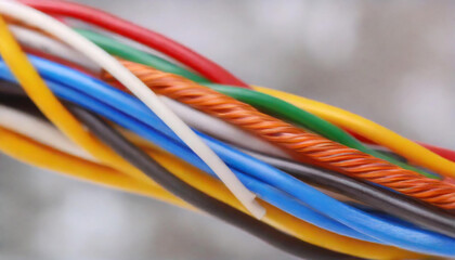 Colorful electrical wires on blurred background, closeup