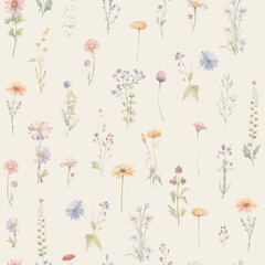 Floral watercolor seamless pattern banner with watercolor wild herbs and flowers.