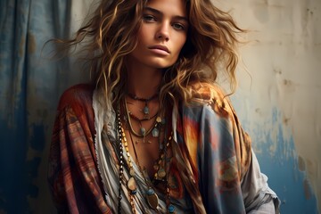 Adorned in a bohemian-inspired ensemble with layered jewelry, the model's free-spirited vibe is captured against a backdrop of swirling tie-dye patterns.