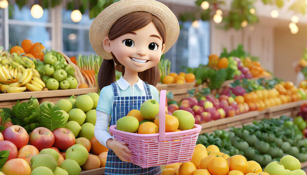 Cute kawaii colorful girl holding pink basket in hand buying fruits at street market stand, apples, pears, bananas, oranges, tangerines, melons, pomegranates, green plants. 3d render on beige backdrop