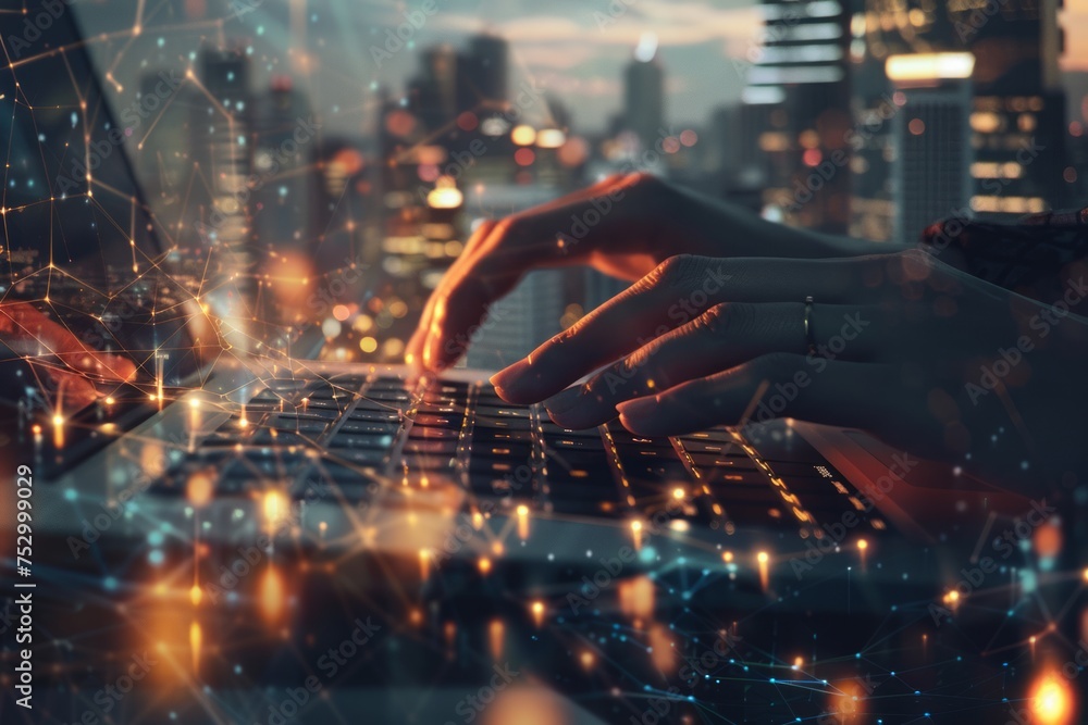Poster hands typing on laptop keyboard with futuristic cityscape and network overlay.
