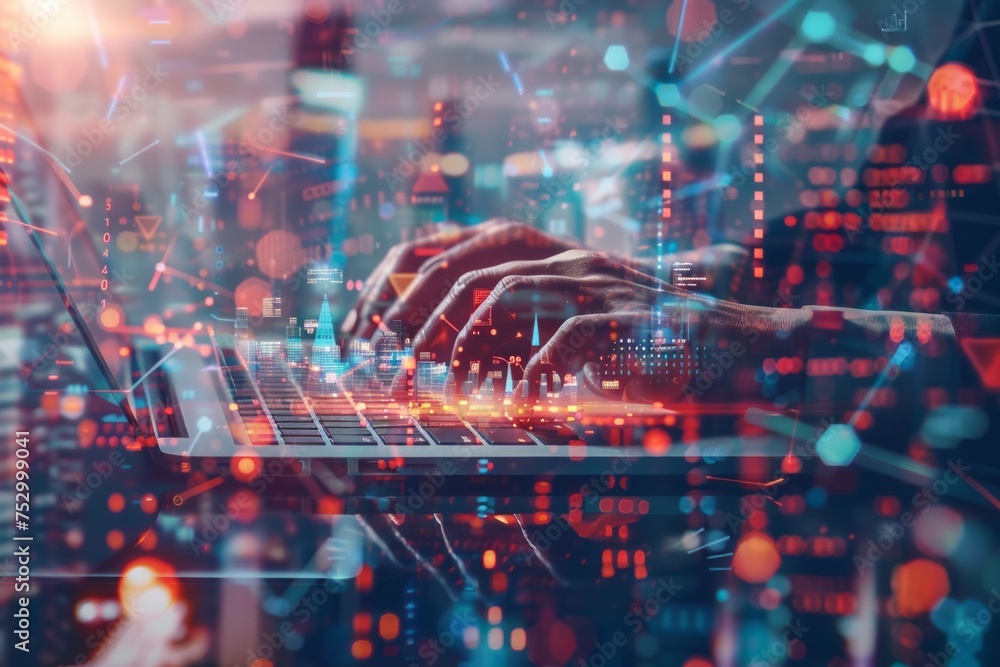 Poster hands typing on laptop keyboard with futuristic cityscape and network overlay.