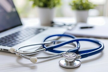 Stethoscope and laptop on a desk suggesting medical research or telemedicine.