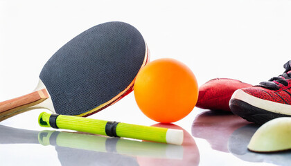 Ping pong ball and other sports equipment isolated on white, set - obrazy, fototapety, plakaty