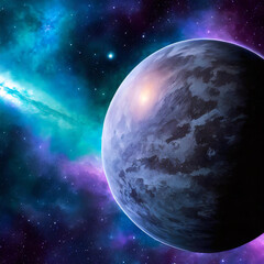 Fototapeta premium planet in space A space scene with an alien planet and a blue nebula. The image shows a realistic and detailed view