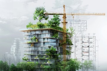 Conceptual architecture design of a green building with overlay plans and tree.