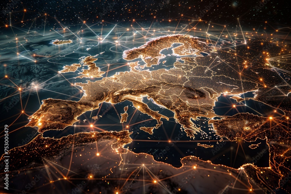 Poster a digital representation of a network over a map of europe with glowing connections and nodes.
