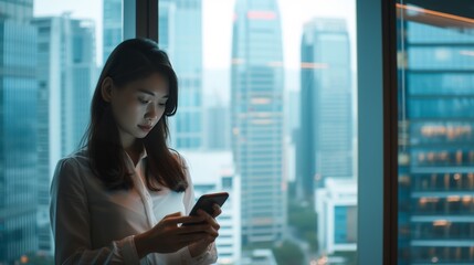Fototapeta premium Young adult busy Asian business woman executive stands engaged in her work. She uses a mobile cell phone to leverage technology for her tasks.