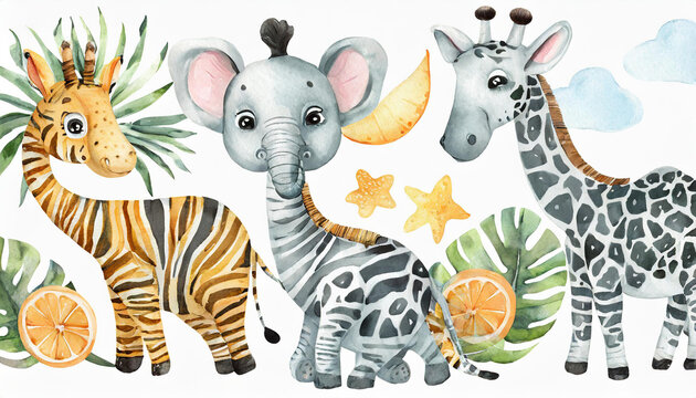 Set cute safari baby animals, collection cartoon funny jungle animals - elephant, giraffe, monkey, leopard, zebra and rhino. Hand drawn Fun zoo watercolor illustration