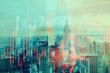Double exposure of financial charts and a city skyline with skyscrapers.
