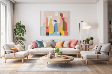 A contemporary Scandinavian living room with a neutral color palette, highlighted by bold accents in vibrant hues, adding a touch of energy and personality to the space.