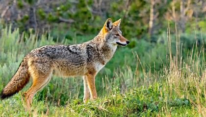 Obraz premium Wild coyotes standing in prairie grass in nature found throughout North America. They're known for their distinctive yipping and howling sounds
