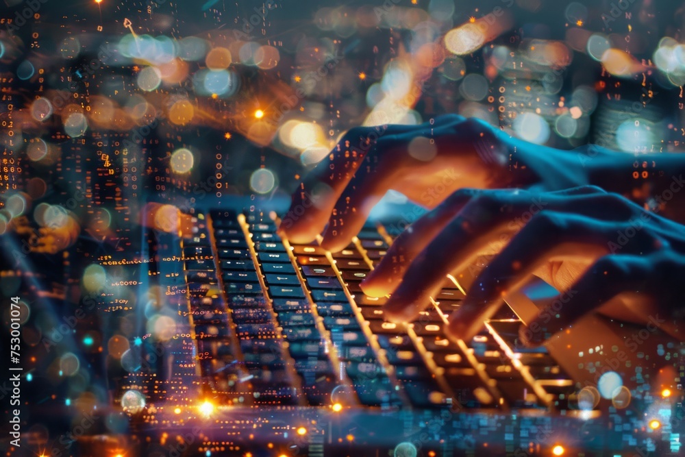 Poster double exposure of hands typing on a keyboard with code and city lights in the background.