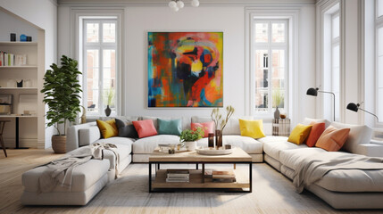 A contemporary Scandinavian living room with a neutral color palette, highlighted by bold pops of color in the form of artwork, cushions, and accessories.
