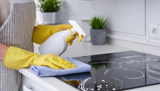 Woman with spray bottle and microfiber cloth cleaning electric stove in kitchen, closeup