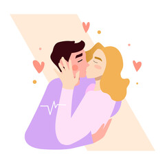 Happy Love Couple. Man and Woman Kissing. People in Romantic Relationship. World Kissing Day. Flat Vector Illustration.