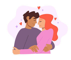 Love Tenderness and Romantic Feelings Concept. Man and Woman Hugging Embracing Each other Feeling in Love. Couple on Romantic Date. Flat Vector Illustration.